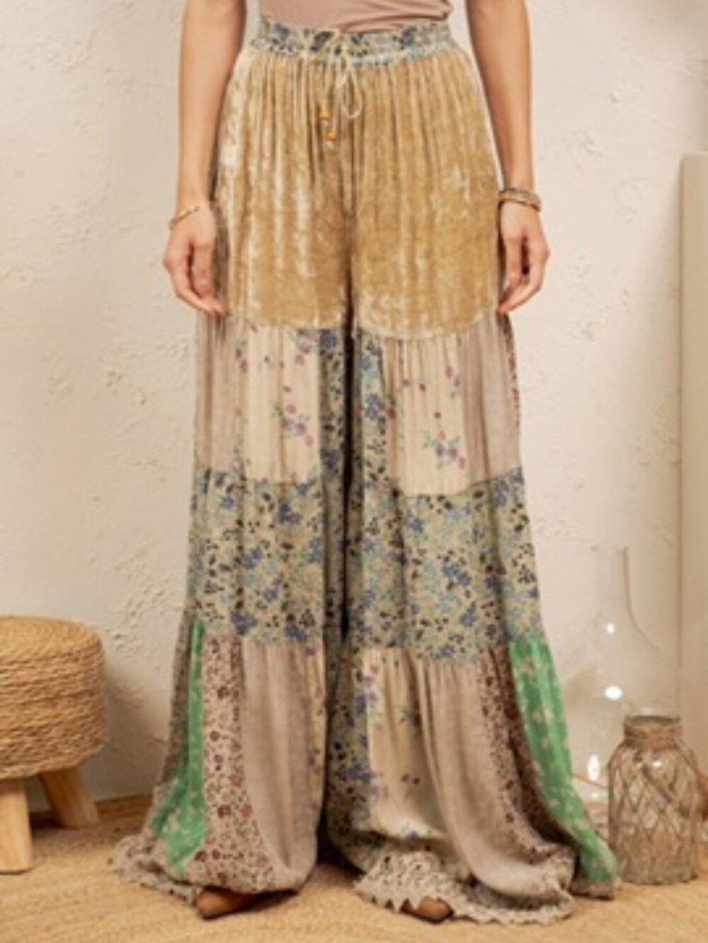 BOHO TIERED PATCHWORK FLARE VELVET PANTS-VELVET DRAWSTRING WAIST-FALL DROP - Picture 4 of 5